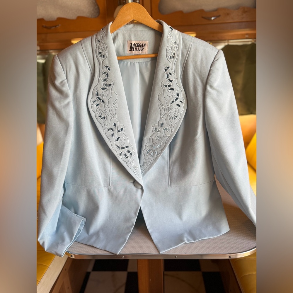 Morgan Miller Women's Light Blue Embroidered Collar Blazer